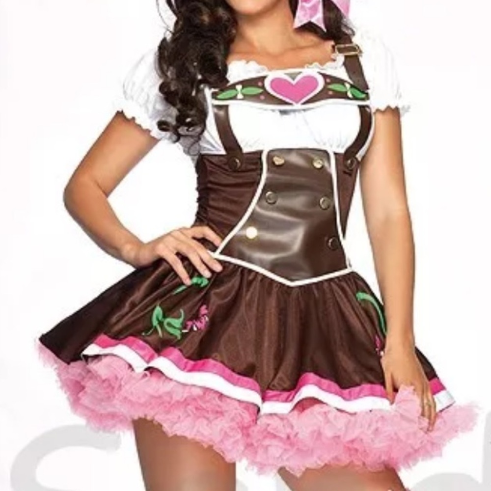 Pink heart Beer maiden garden costume Octoberfest skirt dress lace ruffle NOS